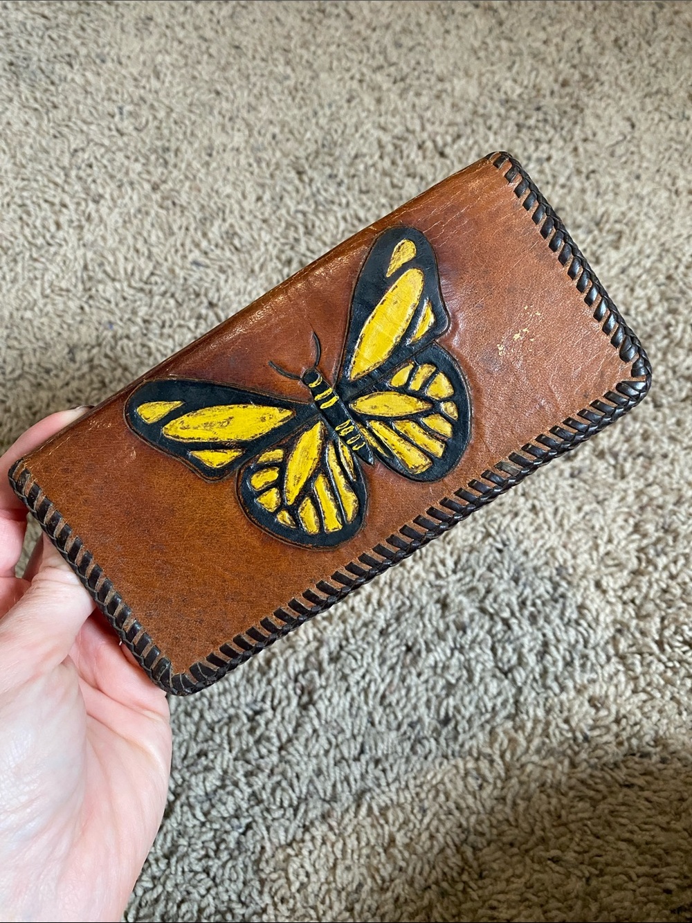 Vintage Handcrafted Brown Leather Wallet with Yellow Butterfly Accent